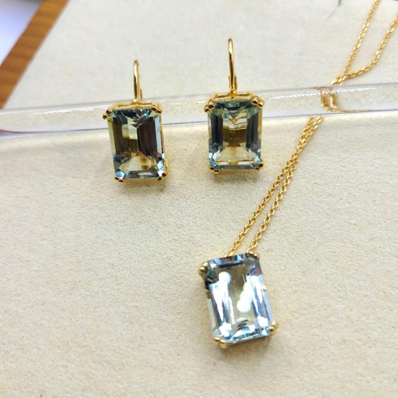 14k Gold-Plated Sterling Silver Necklace & Earrings Set / Prasiolite - Picture 1 of 7